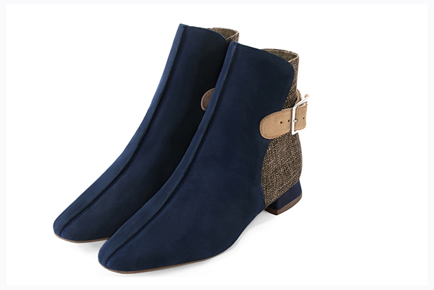 Midnight blue, dark brown and tan beige women's ankle boots with buckles at the back. Square toe. Flat flare heels. Front view - Florence KOOIJMAN